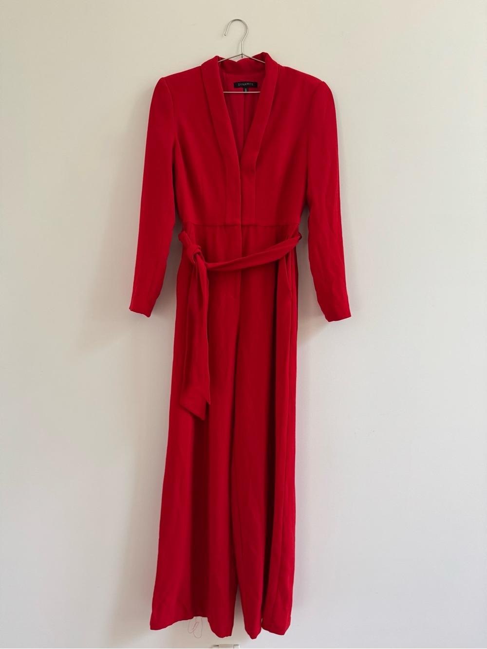 Dynamite Red Long Sleeve V-Neck Jumpsuit with Belt